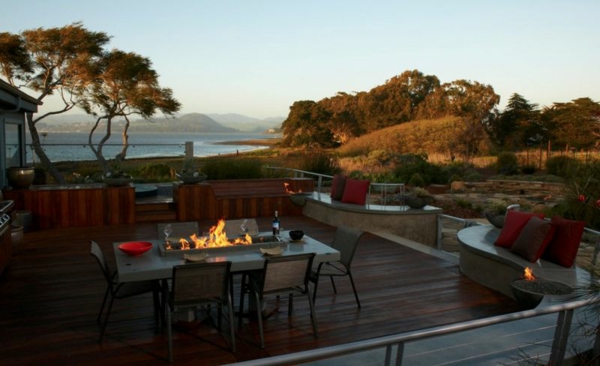 open fireplace dining table ethanol rectangular terrace