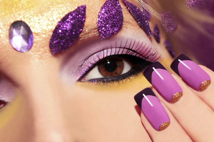 νύχια σχεδιασμό νυχιών μοβ ροζ χρυσό λάμψη γέλη καρφί gel modellage