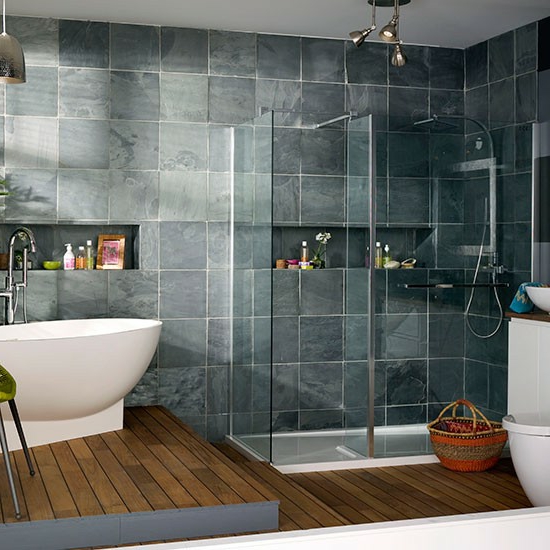 瓷砖地板木浴缸现代浴室