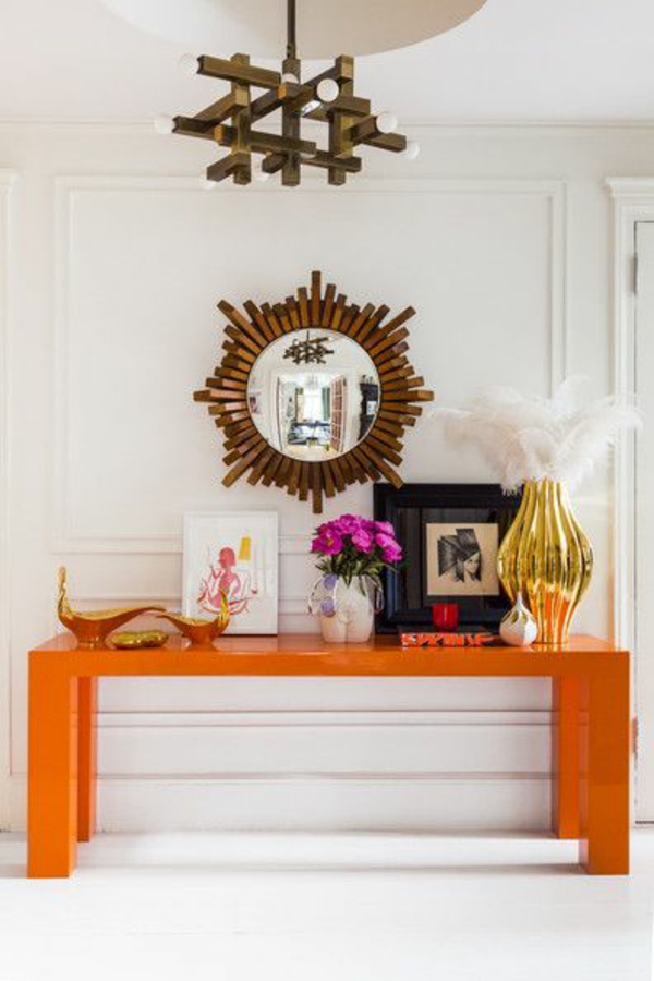 idées de conception de couloir orange table décoration miroir rond