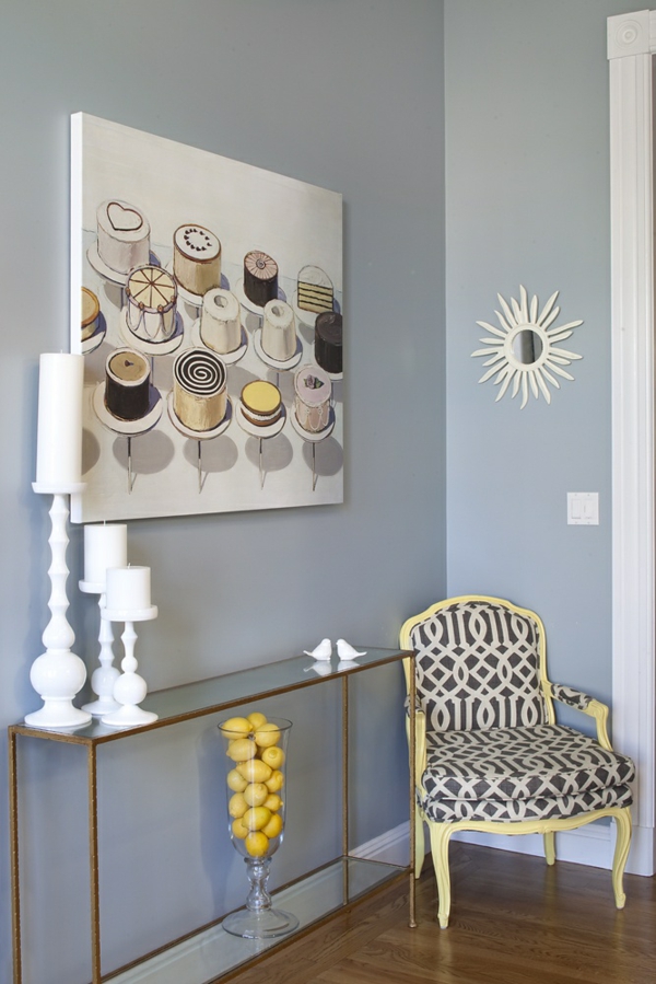 couloir design d'intérieur couleurs fraîches peinture table en verre