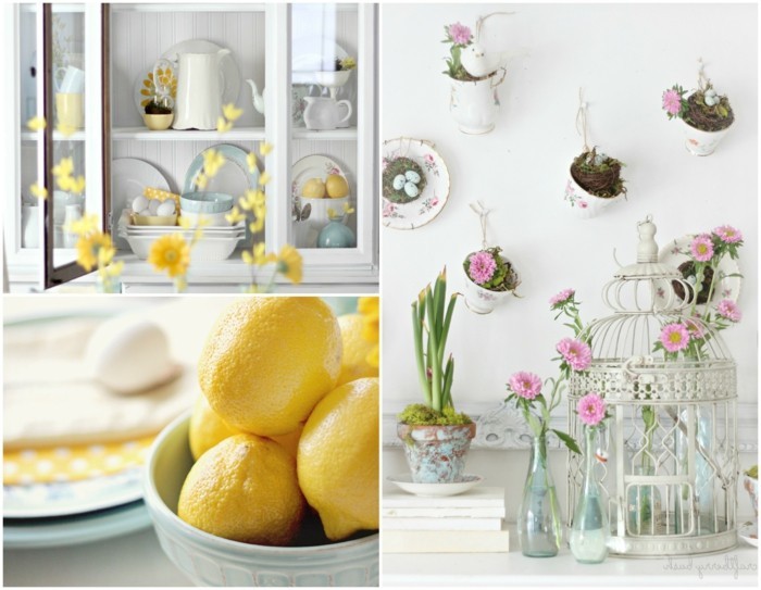 decoración de primavera con flores huevos de Pascua y limones