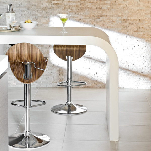 shiny surface countertop dinette white colors barstool made of wood