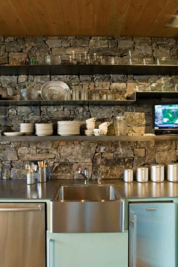 bucătărie din spate perete din piatră de perete din oțel raft placi