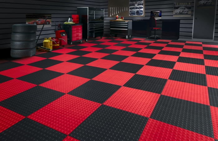 garage tile floor tile checkerboard signal red