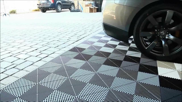 garage floor tile floor tile chess board laying embarrassed