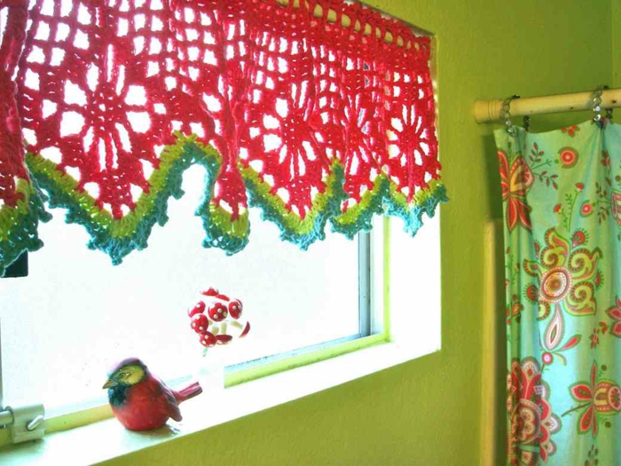 cortinas crochet fresco patrón rojo verde