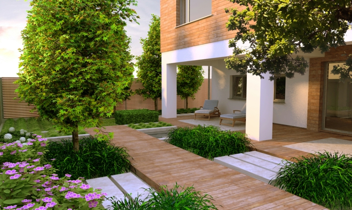 градински идеи за дизайн градски стил растения шезлонги модерна градина