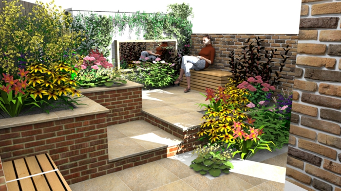 Zahradní design nápady rostlin městský styl zahradní lavice