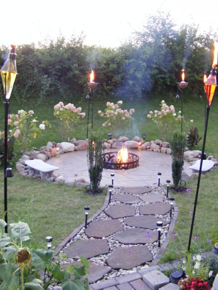 tuin design haard steen pad tuinpad tuinverlichting