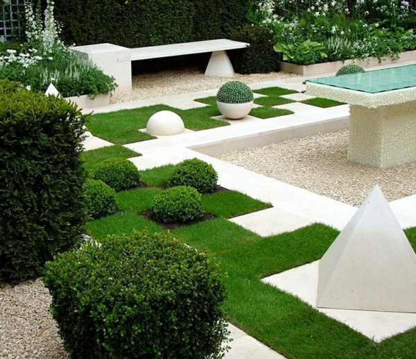 κήπος ιδέες κηπουρική γεωμετρικά μοτίβο πράσινο χορτάρι πυραμίδα boxwood