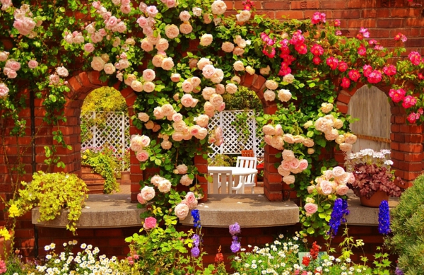ιδέες κήπου τοπία τριαντάφυλλα αναρριχητικά φυτά καλοκαίρι λουλούδια στοές