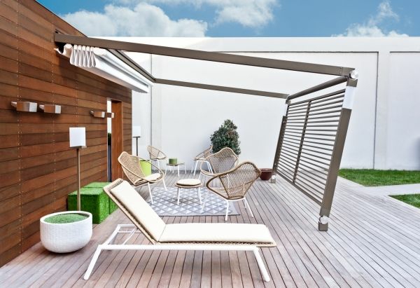 garden ideas pergola metal decking wood garden furniture rattan chairs
