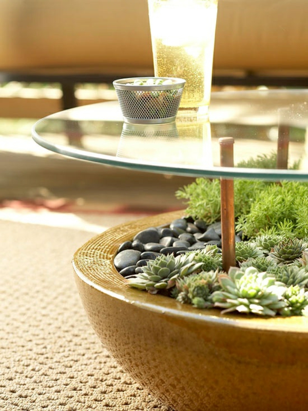 градинска мебел идеи градинска маса изграждане стъкло стъкло камъчета секулентен