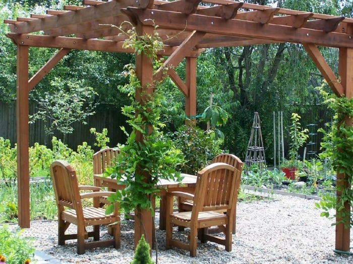 градинска пергола градински мебели растения чакъл области секрет