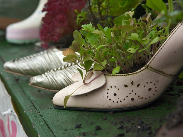 създаване на цветно легло дамски обувки градински декор