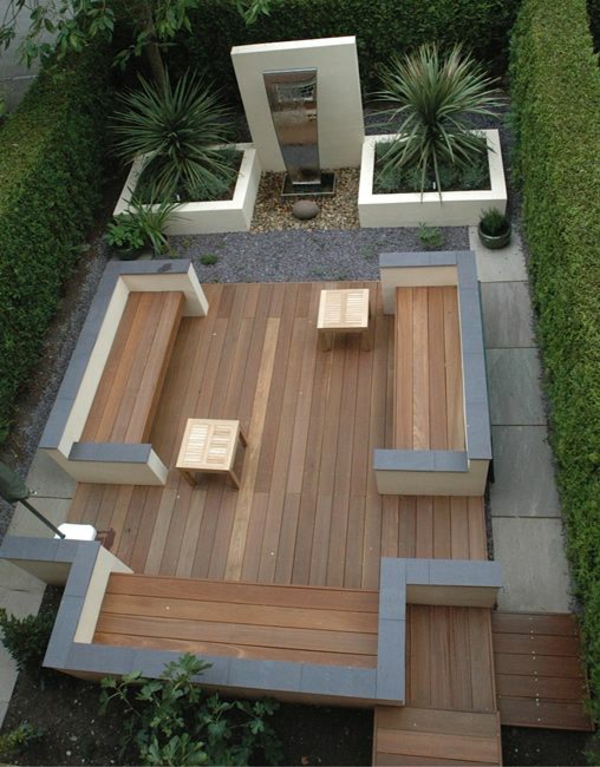 jardin design moderne avec bois et pierre