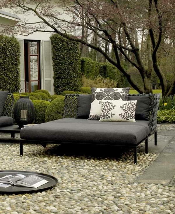 jardinage meubles de jardin rochers coussins de canapé gris idées de jardin