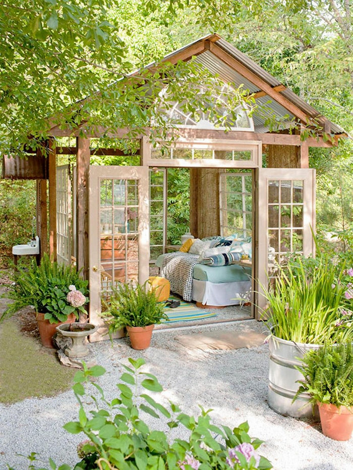 花园房子想法花园凉亭自建木材玻璃床懒人