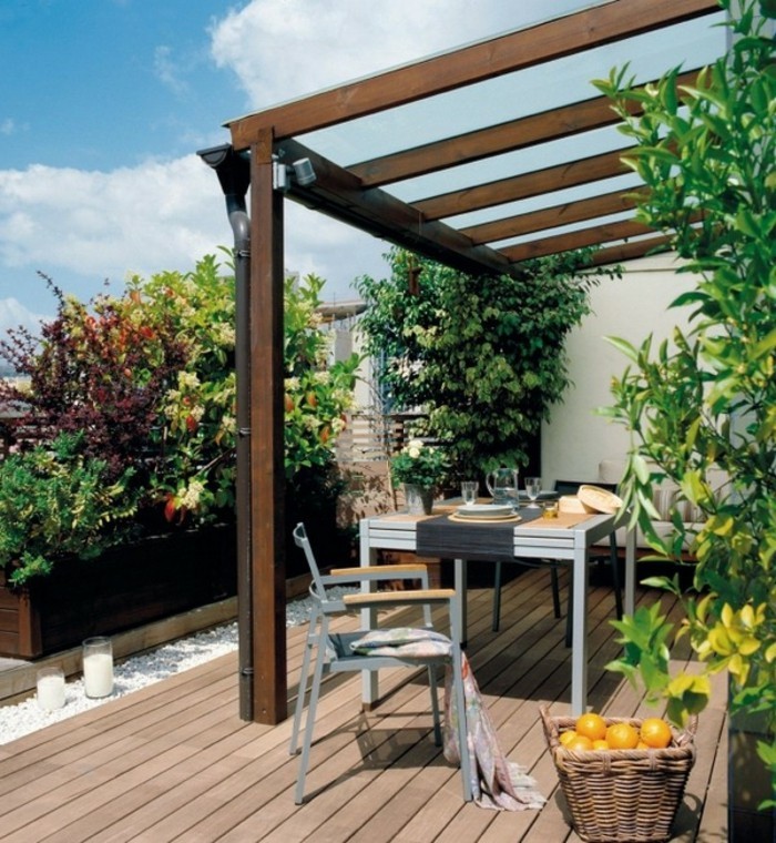 zahradní nápady střešní zahradní nábytek dřevěné podlahové štěrkové rostliny