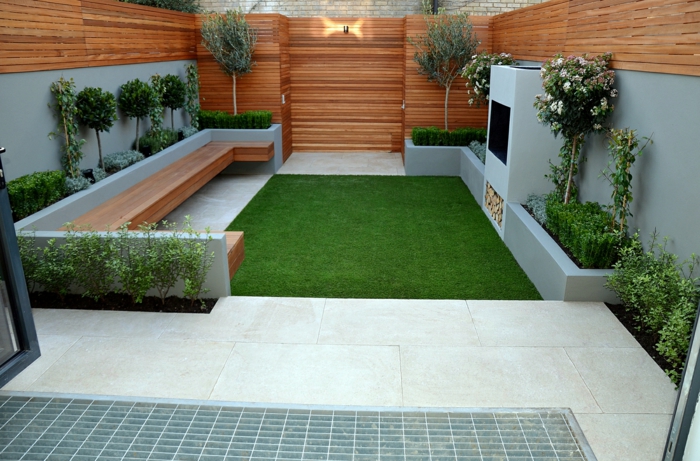 tuin ideeën voor kleine tuinen minimalistische grasvloer tegel bankje