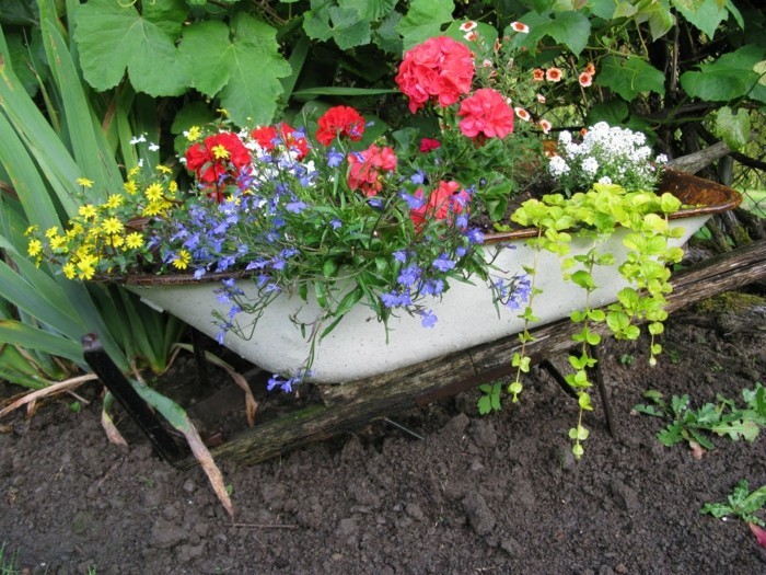 φτηνή διακόσμηση κήπων κήπου με λουλούδια upcycling