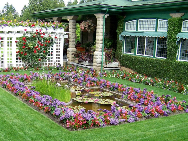 Градински идеи Градинско езерце Създаване на летни цветя Предни градини Пергола Визуална защита Червени рози
