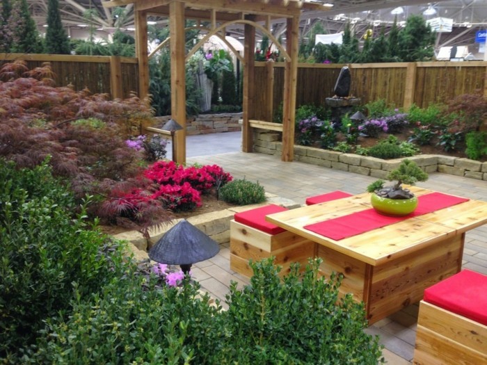 garden ideas wooden furniture build red accents set