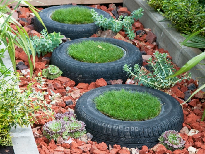 花园技巧旧车轮胎植物容器花园设计