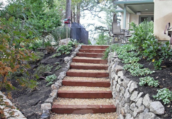 градински стълби каменна дървесина озеленяване градина вход