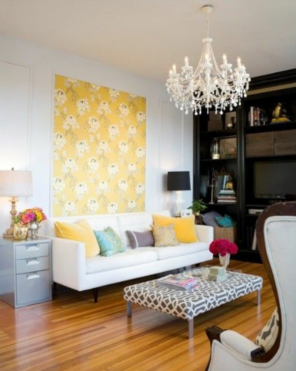 geltonas gėlių modelis Sienų spalvos gyvenamasis kambarys sieninė gyvenamasis kambarys