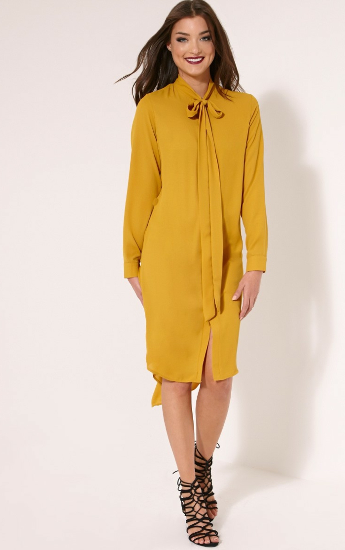 أفكار فستان أصفر متوسط ​​طول فساتين أزياء المرأة الاتجاهات