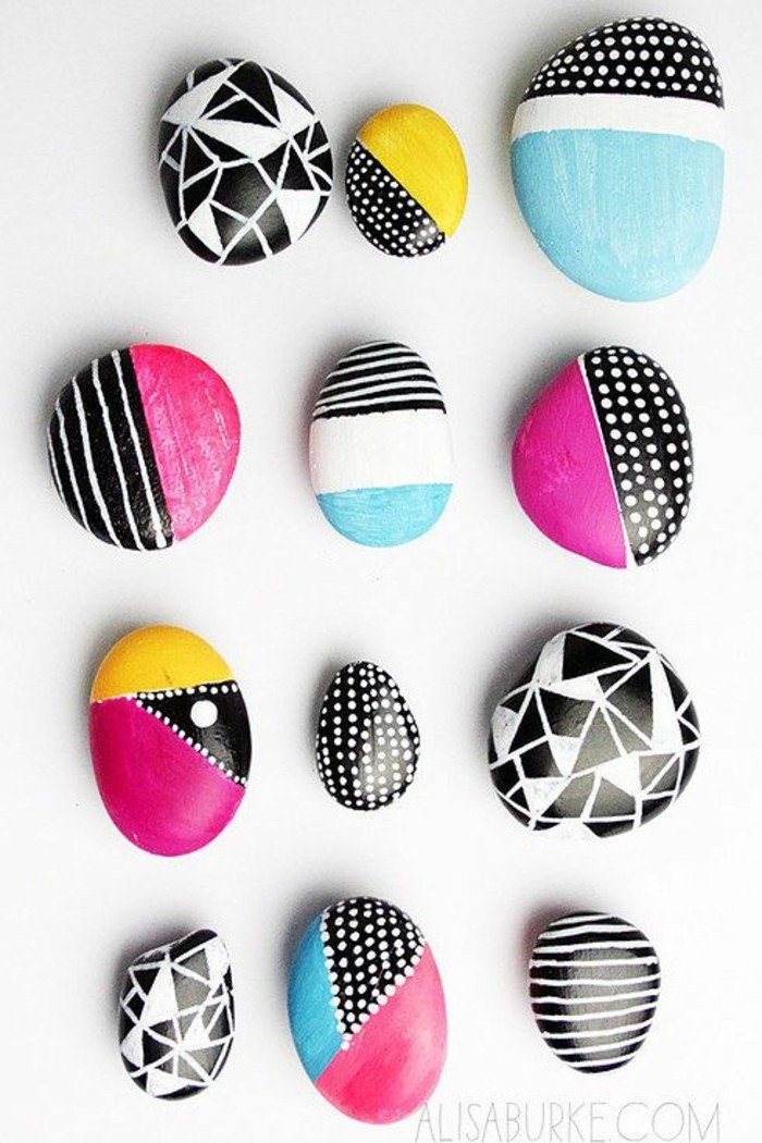geometrické vzory kameny malované barevné nápady