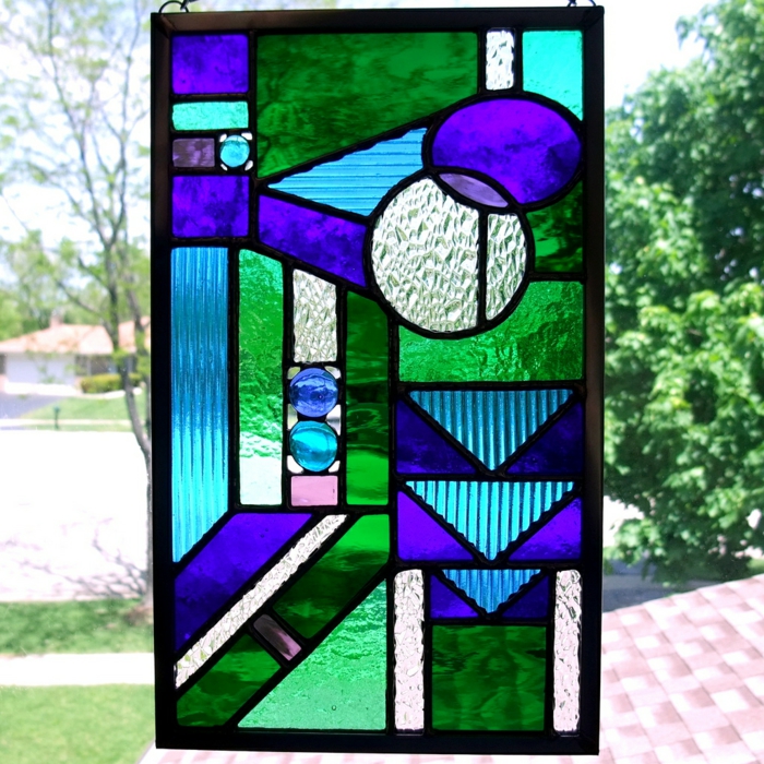 vidrio pintado vitragen ventana geometría en azul