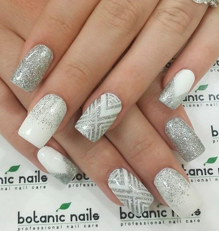 glittery bruiloft nagels gel nagels witte nagellak geometrische patroon