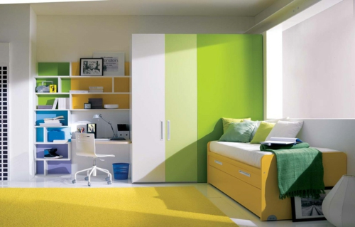 πράσινο κίτρινο δωμάτιο για νέους κρεβάτι γραφείο συνδυασμό χρωμάτων