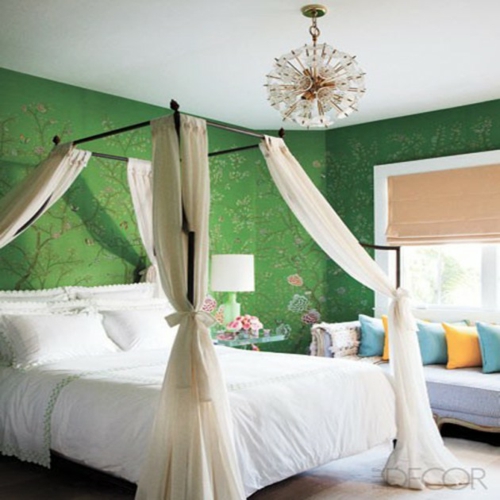 modèle de mur vert design floral lustre matelas de chevet