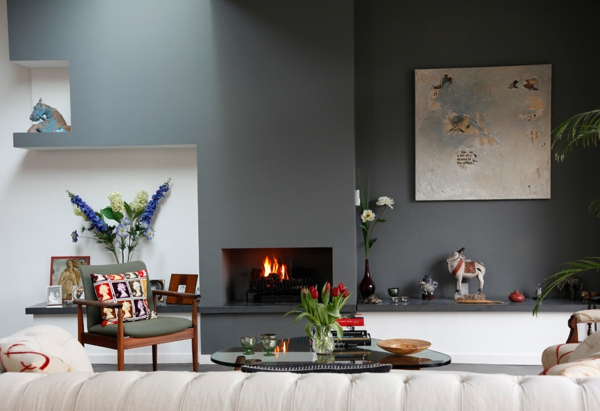 gray as trend color eclectic and cozy with fireplace