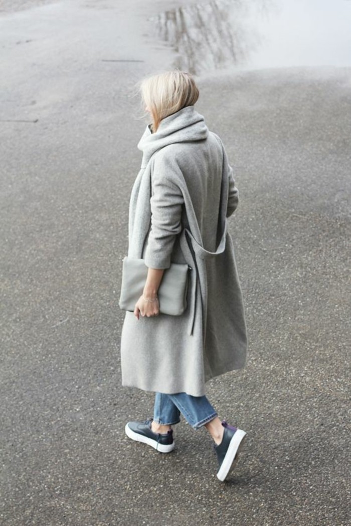 šedý kabát outfit padají módní trendy