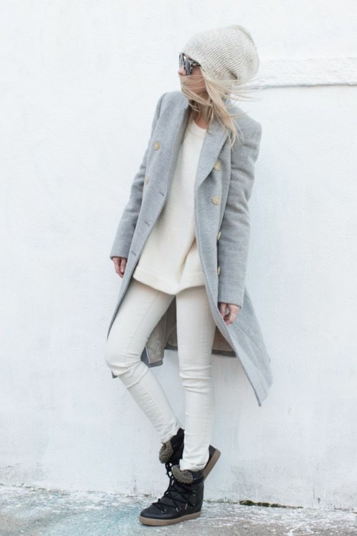 šedý kabát outfit zimní móda dámský kabát dvojitý breasted