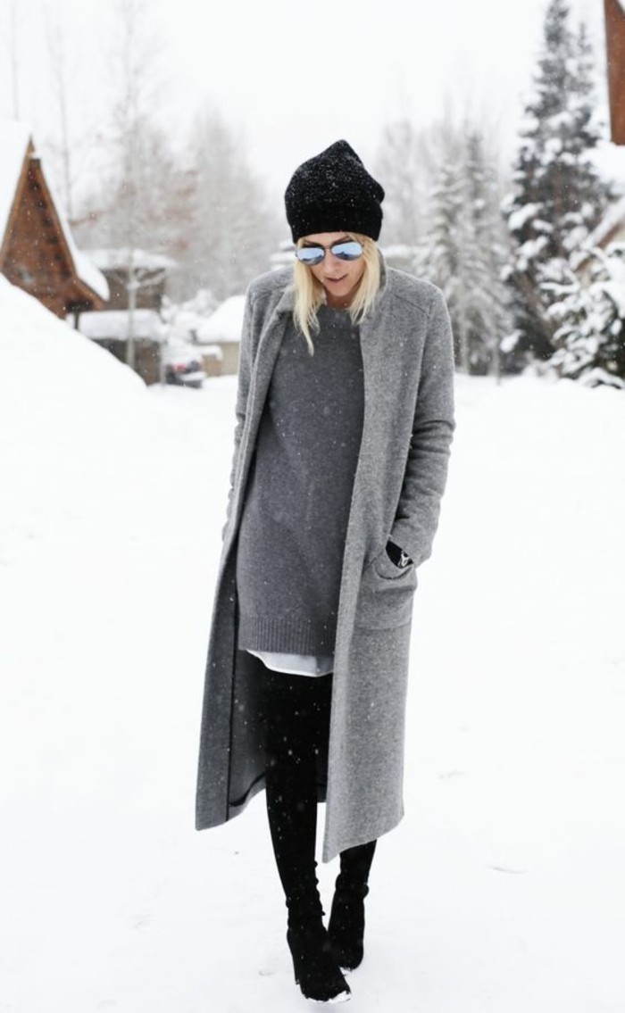 šedý kabát outfit zimní móda módní trendy