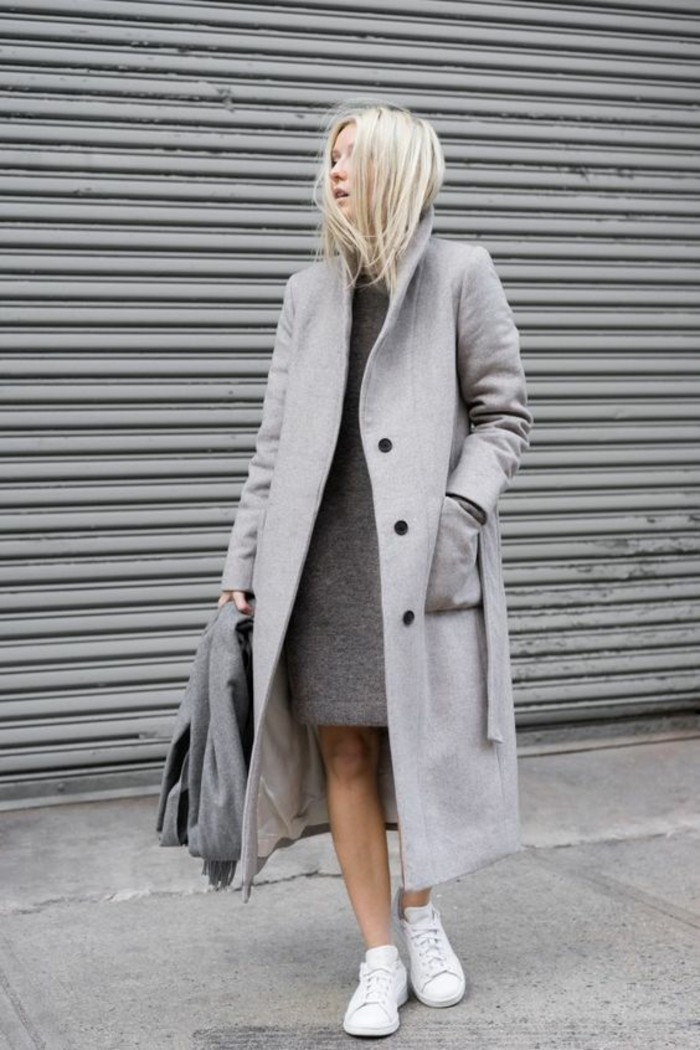 šedý kabát outfit zimní trendy trendy ženy kabát dlouho