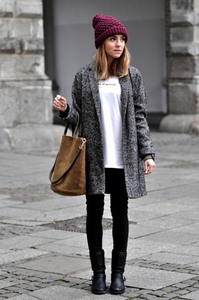 šedý kabát outfit zimní módní trendy dámská móda