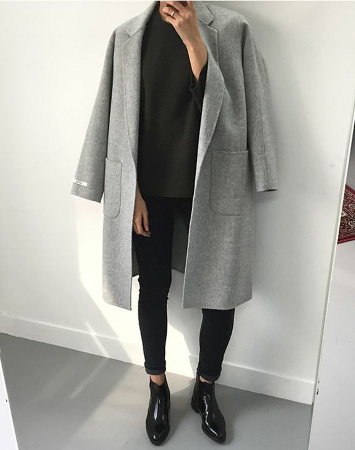 šedý kabát outfit zimní trendy trendy barvy
