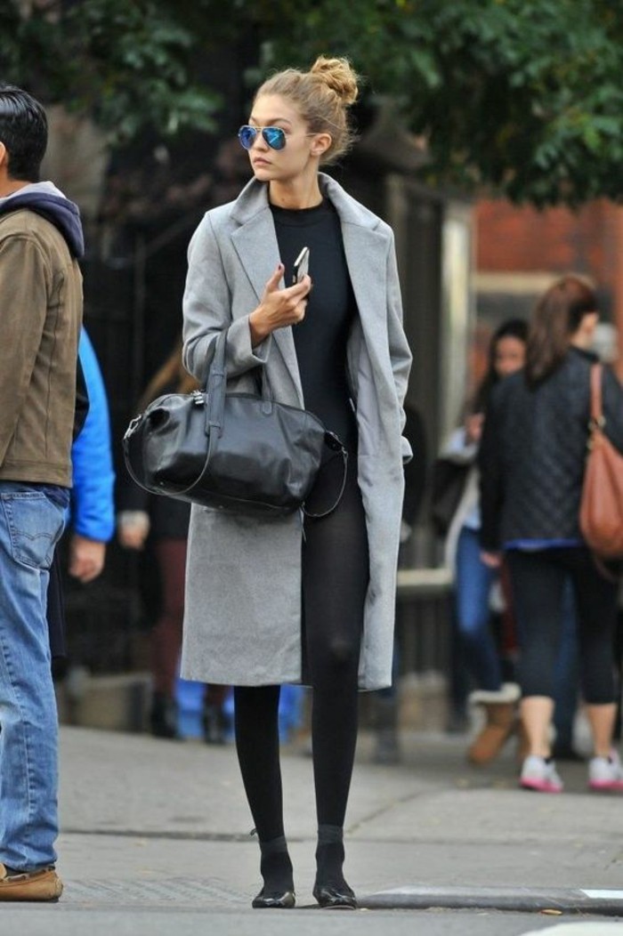 šedý kabát outfit zimní móda trendy kabát délka kolena