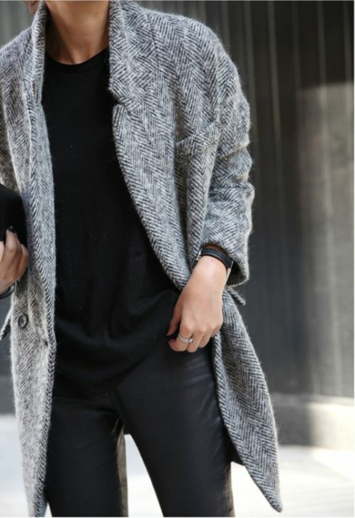 šedý kabát outfit zimní módní trendy vlněný kabát