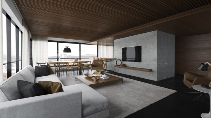 sofá gris sala de estar moderna configuración plan abierto