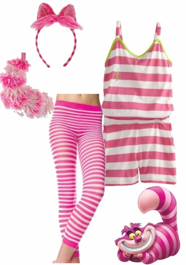 grinning kat diy kostume pink lilla striber bodysuit