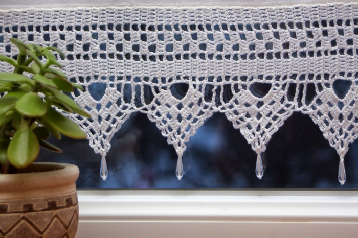 crocheted curtains kitchen window decorating plant
