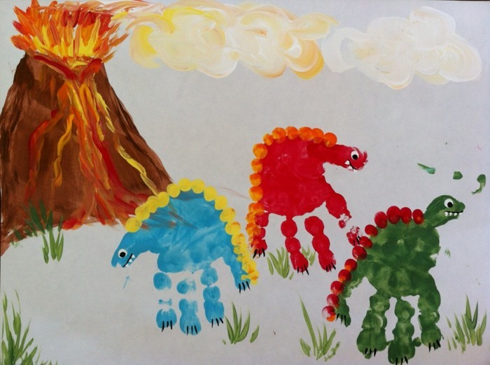 håndtryk billeder dinosaurer og vulkan